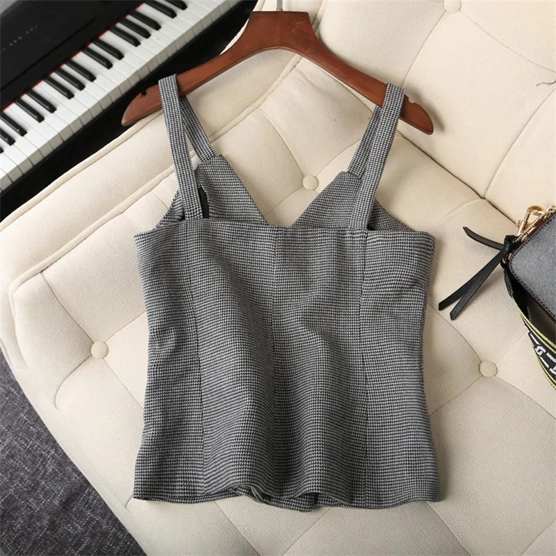 Fashion Spring And Autumn Short Waistcoat Women Suit Vest Houndstooth Strap Vintage Office Lady Elegant Female Clothes