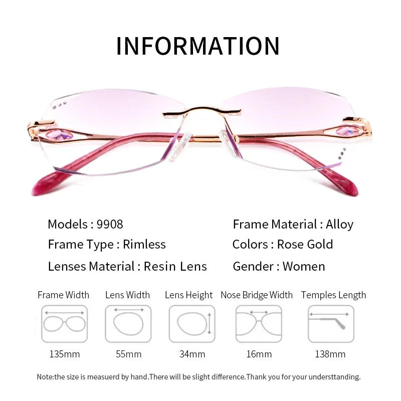 Rimless Anti Blue Ray Anti-fatigue Reading glasses for Women, Tinted Presbyopia Eyeglasses,Anti Glare Readers Magnifying Glass