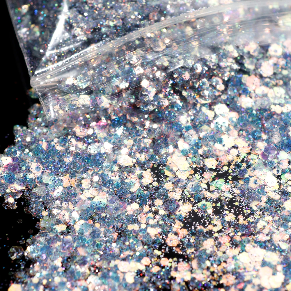 50g/bag Laser Nail Art Glitter Powder Mixed-Size Chunky Nail Glitter Sparkly Fragment Glitter Manicure Decor DIY Glitter 50#BA35