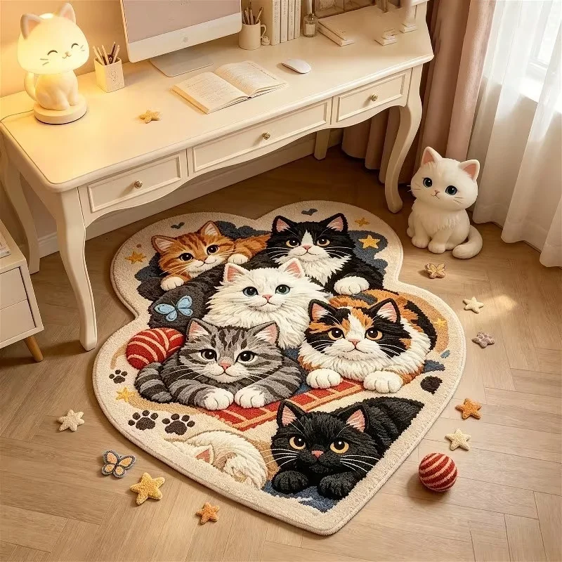 Cute Heart-shaped Multi-cat Pattern Rug Fun Cartoon Home Decoration Bedroom Bedside Carpet for Living Room Washable Floor Mat