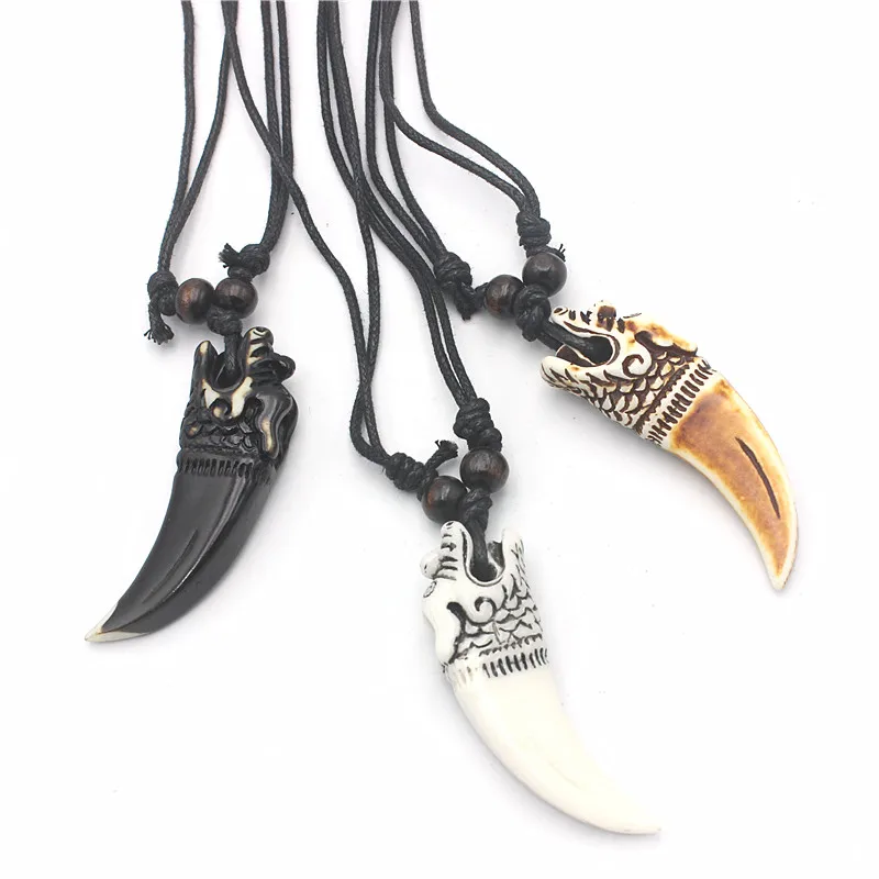 RUEMOY Unisex Qilin Faux Tooth Necklaces, Solid Resin Imitation Bone, Knotted Cord, Oriental Myth Hand Carved Jewelry