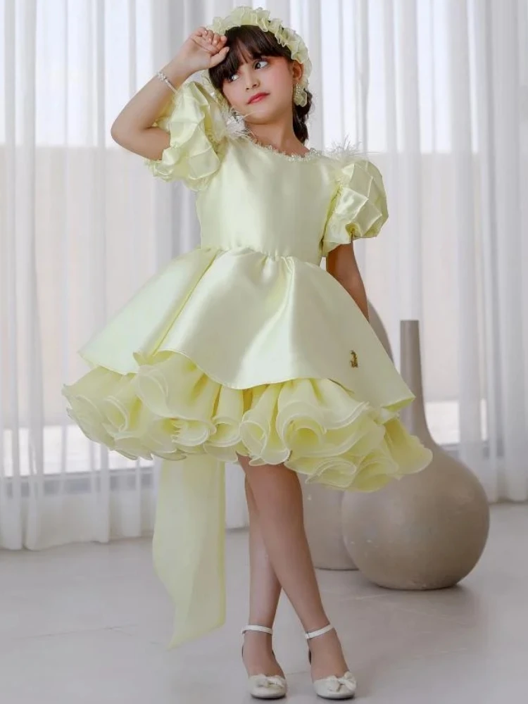 

Flower Girl Dresses Yellow Tulle Puffy Satin With Bow Short Sleeve For Wedding Birthday Party Banquet Princess Gowns