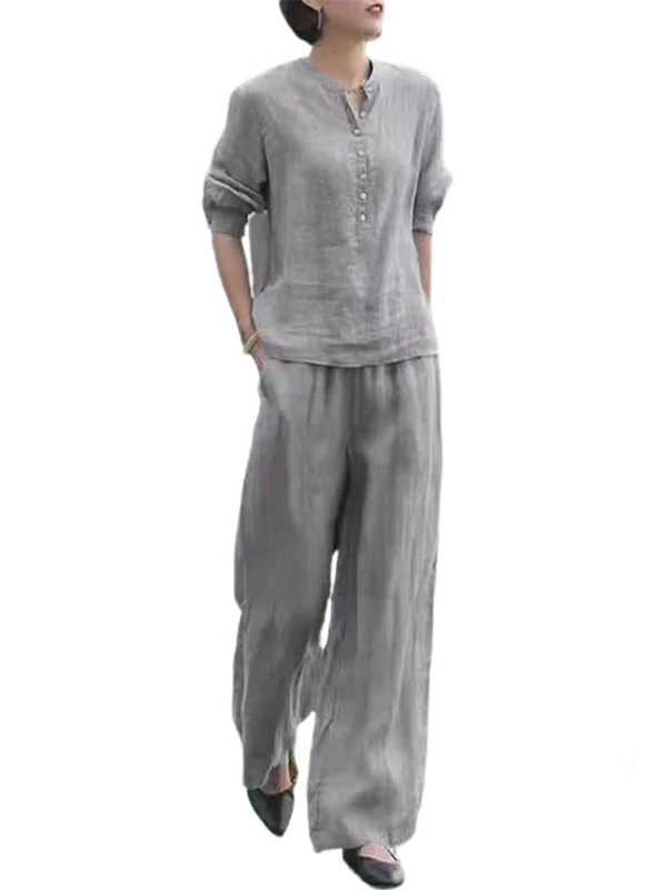 طقم ريترو زن من القطن والكتان irt طقم نسائي صيفي رقيق من Seven Sve بنطال ذو قصة أرجل واسعة مكون من قطعتين مريح للتنفس