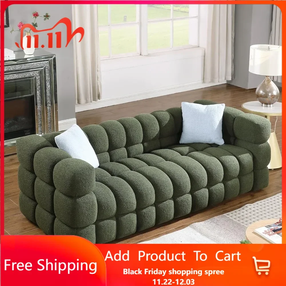 Modern Sofa Couch with Plastic Legs Upholstered Tufted 3 Seater Couch with 2 Pillows Decor Furniture for Bedroom, Office, 84Iin