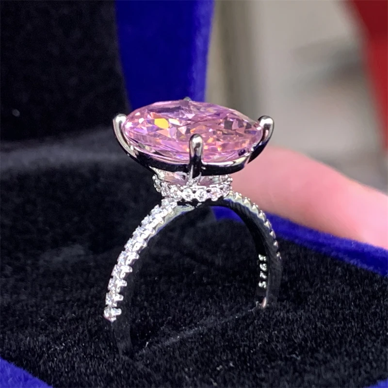 Hot Sale Silver Color Wedding Rings Finger Luxury Pink oval cut 3ct Zircon Rings For Women Engagement Fashion Jewelry