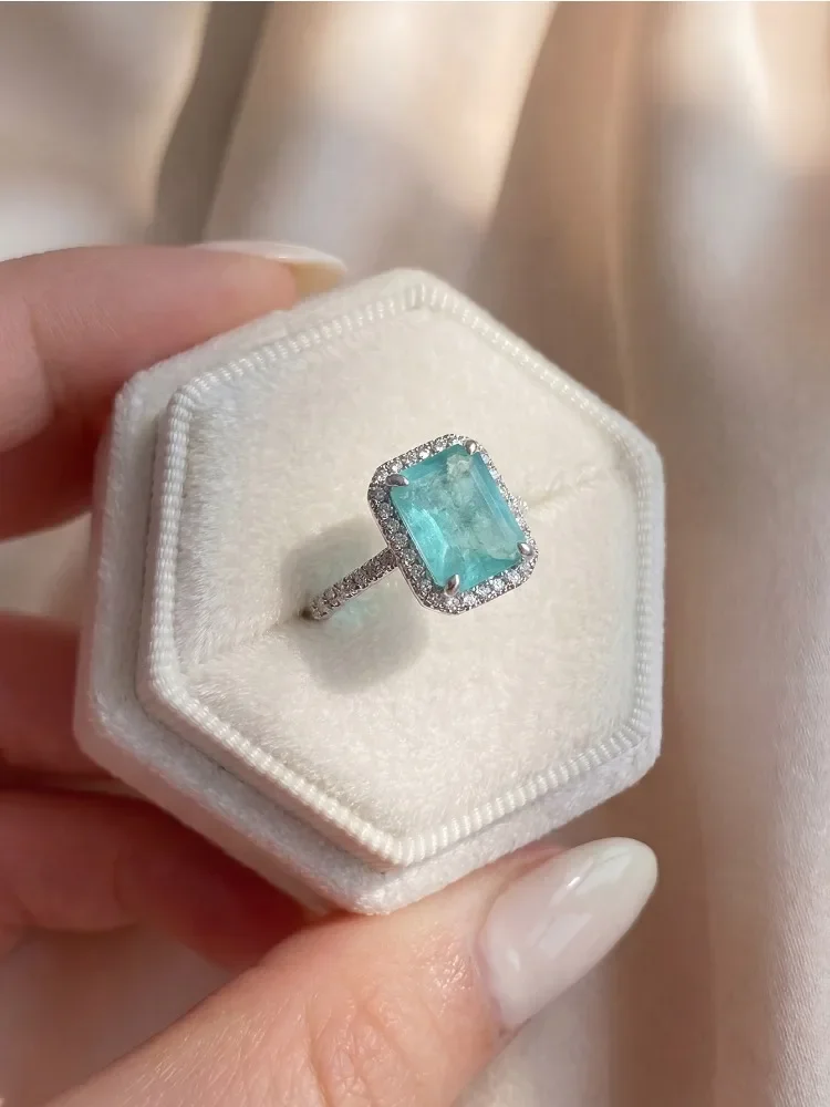 Fashion Green Ziron Rectangle Ring for Women 925 Sterling Silver Fire Sparkling Luxury Ring Female Party Birthday Jewelry Gift