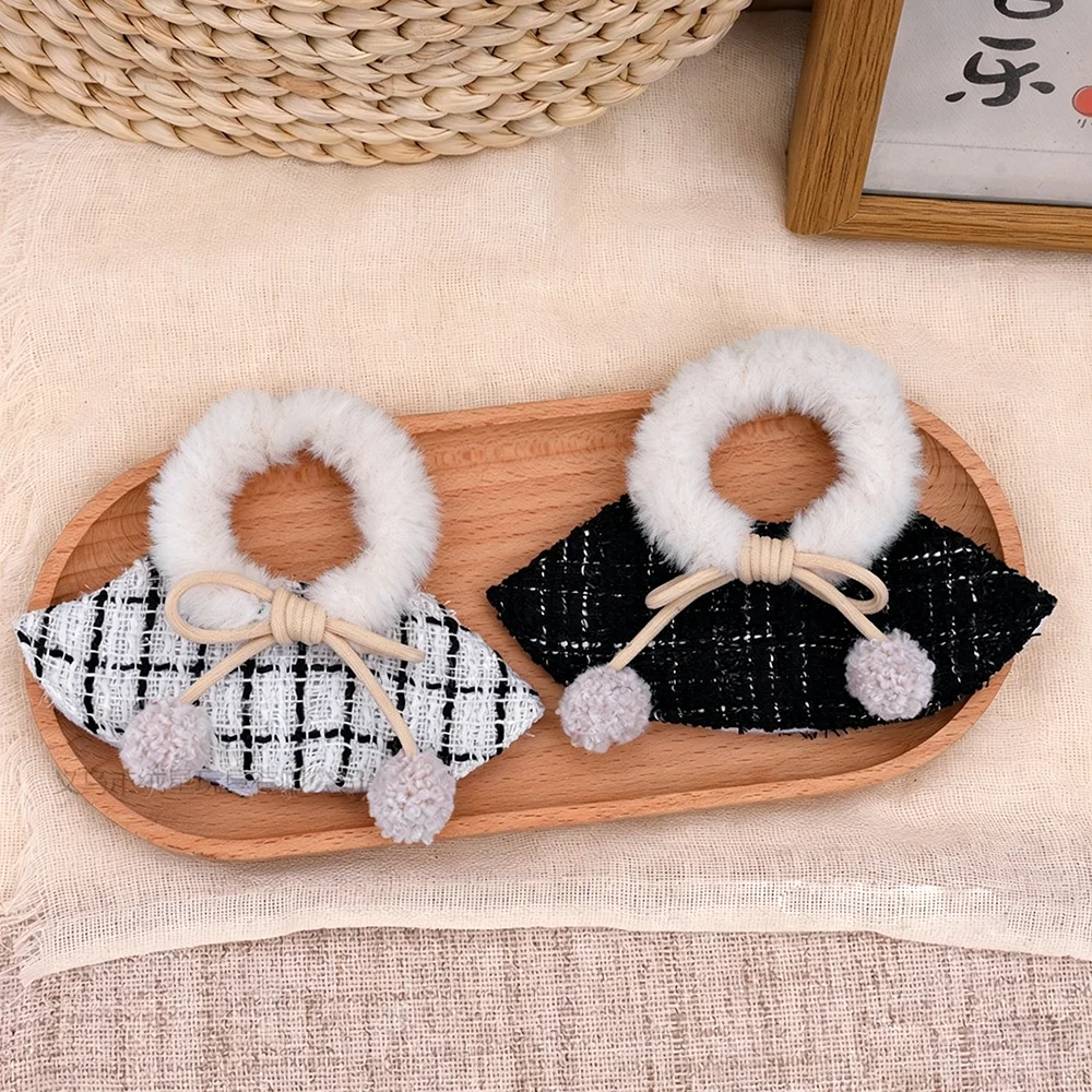 Mini Plush Furry Collar Plaid Doll Cloak With Double Pom Poms Winter Shawl Outfit Accessories For 10-17cm Cotton Stuffed Doll