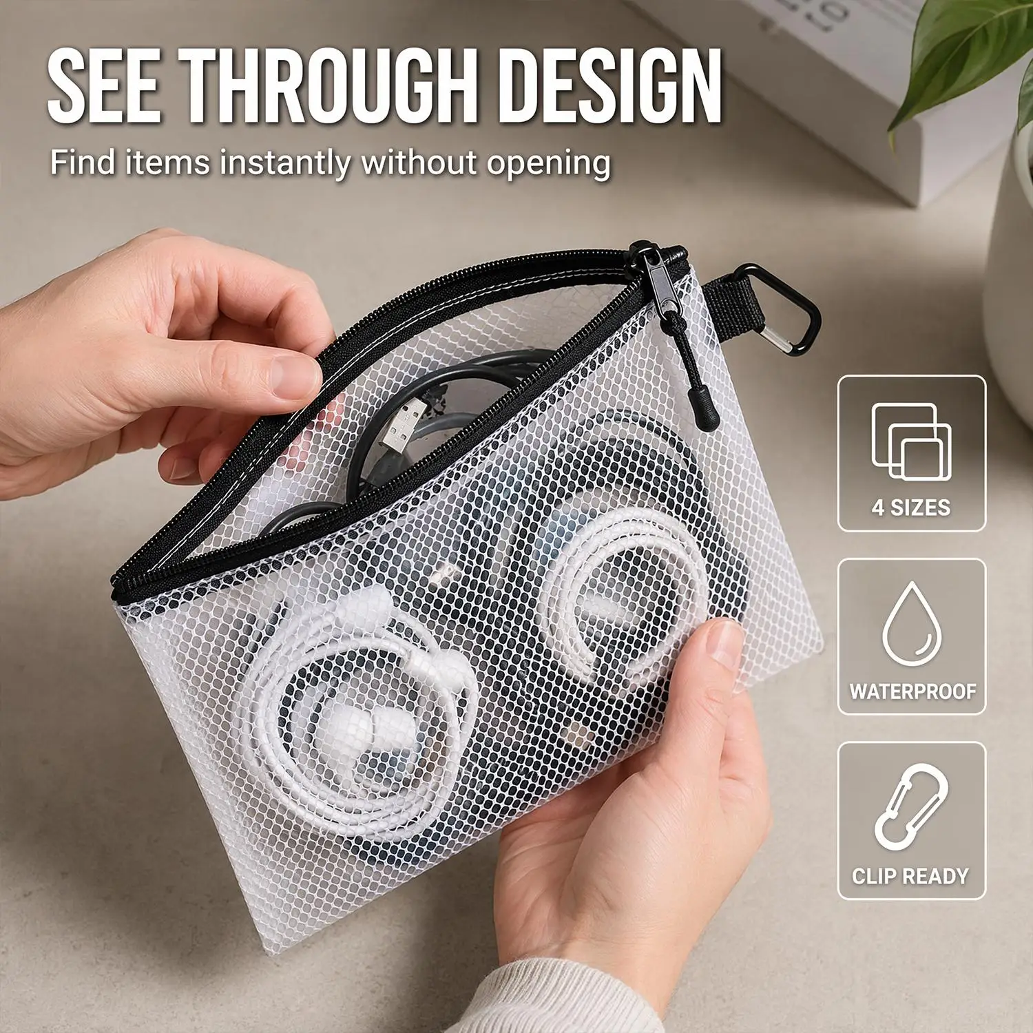 Transparent Multifunction Mesh Storage Bag with Hook for Stationery Cosmetics Data Cable Earphone Charger Cord Organizer Bag