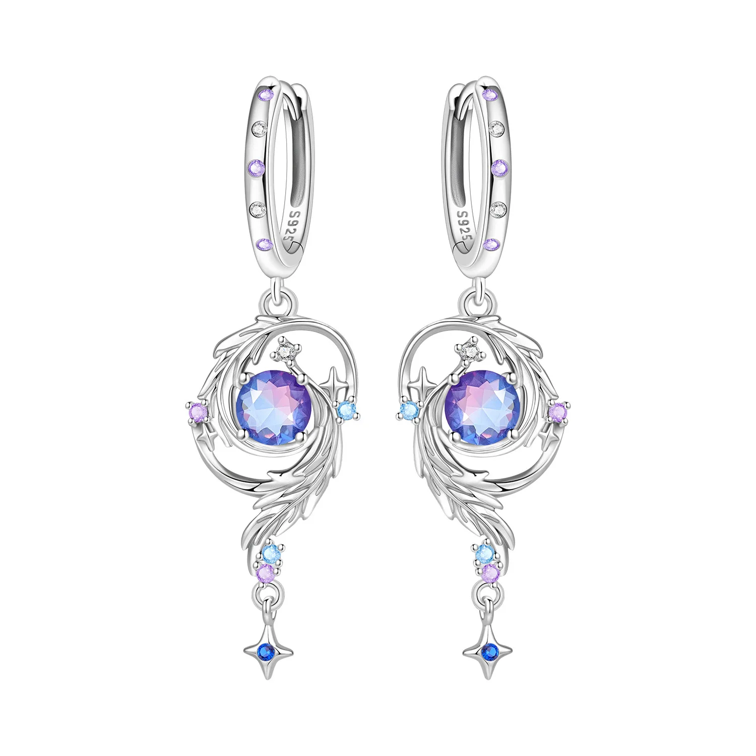 PANPOKI 925 Sterling Silver Feather Gradient Planet Drop Earrings Women Earrings Trendy Party Original Jewelry Anniversary Gift
