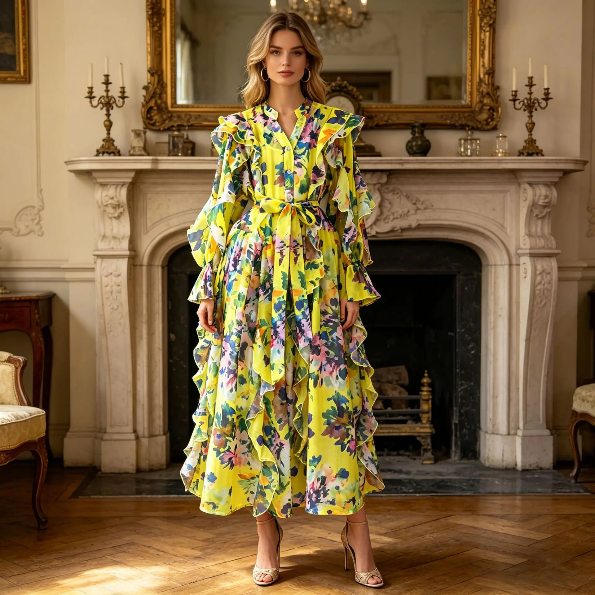 High Quality Watercolor Flowers Printing Dresses Spring Women Lotus Leaf Sleeves V-neck Dress High Waist Loose Knee Length Dress