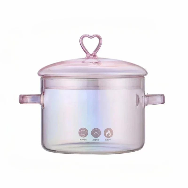 Transparent Glass Soup Pot: High Temperature Resistant Explosion-Proof Pink Kitchen Milk Pan Creative Cooking Pots Set