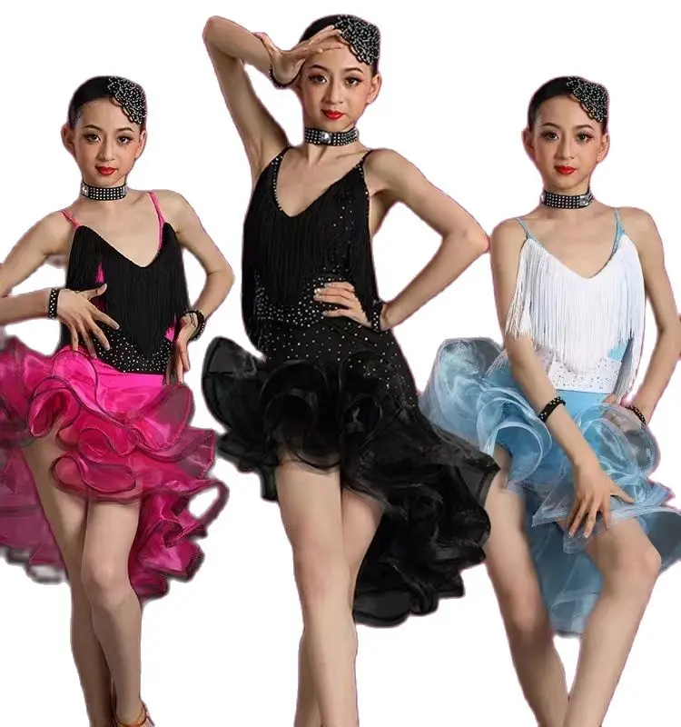 Traje de baile de Jazz para niñas, vestido de baile de salón con lentejuelas latinas modernas, vestido de tutú de baile para niños, ropa para niñas