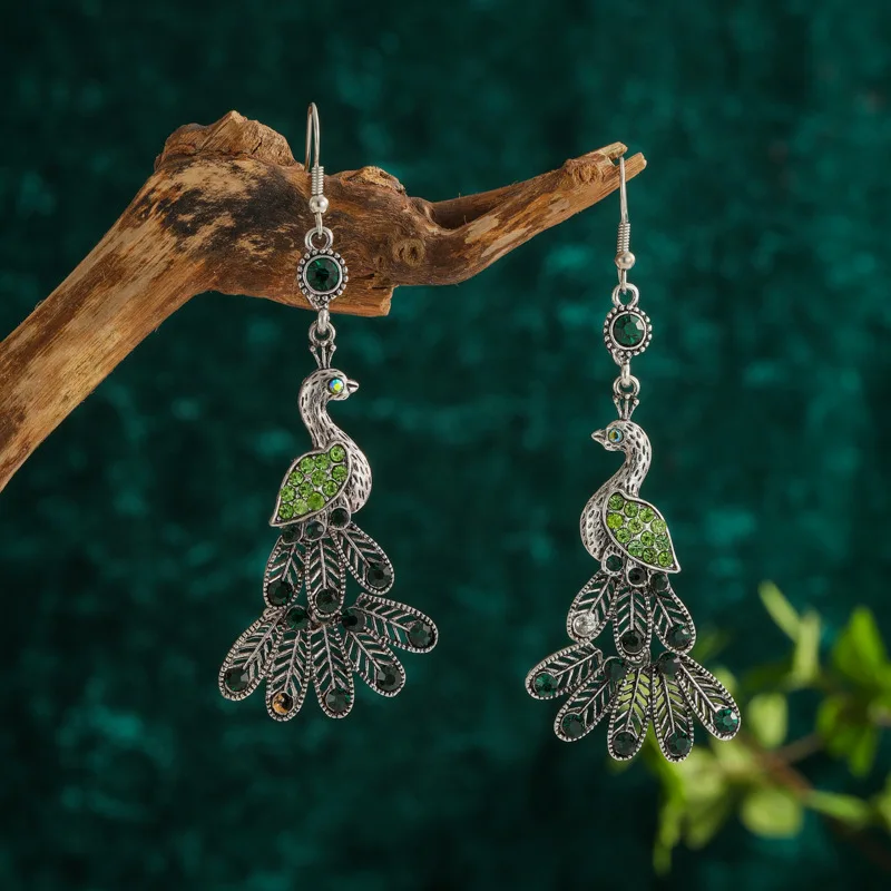 Ethnic Peacock Jhumka Earrings Women Silver Color Geometry Alloy Bohemia Classic CZ Earrings Statement Hangers