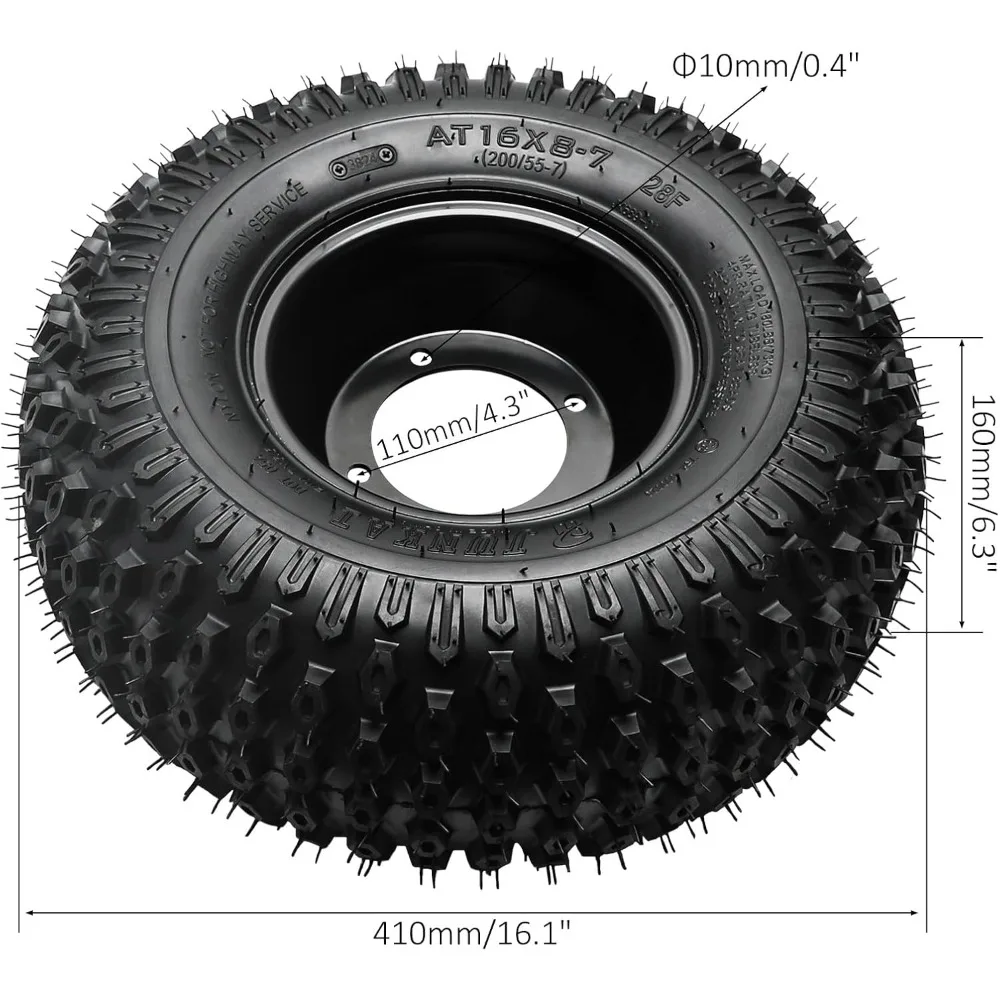 off-road 2PCS 7 inch Tubeless Wheels 16x8-7 ATV Wheel Tires Rims 4 Lug 110mm Bolt Pattern 200/55-7