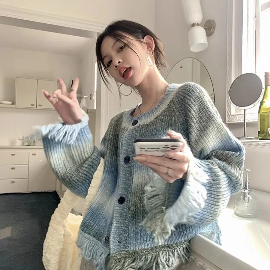 Cardigan for Women Blue Loose Tassel Tie Dye Outerwear Knitted Sweater Woman Korean Style Lightweight Youth Casual Fashion 2024