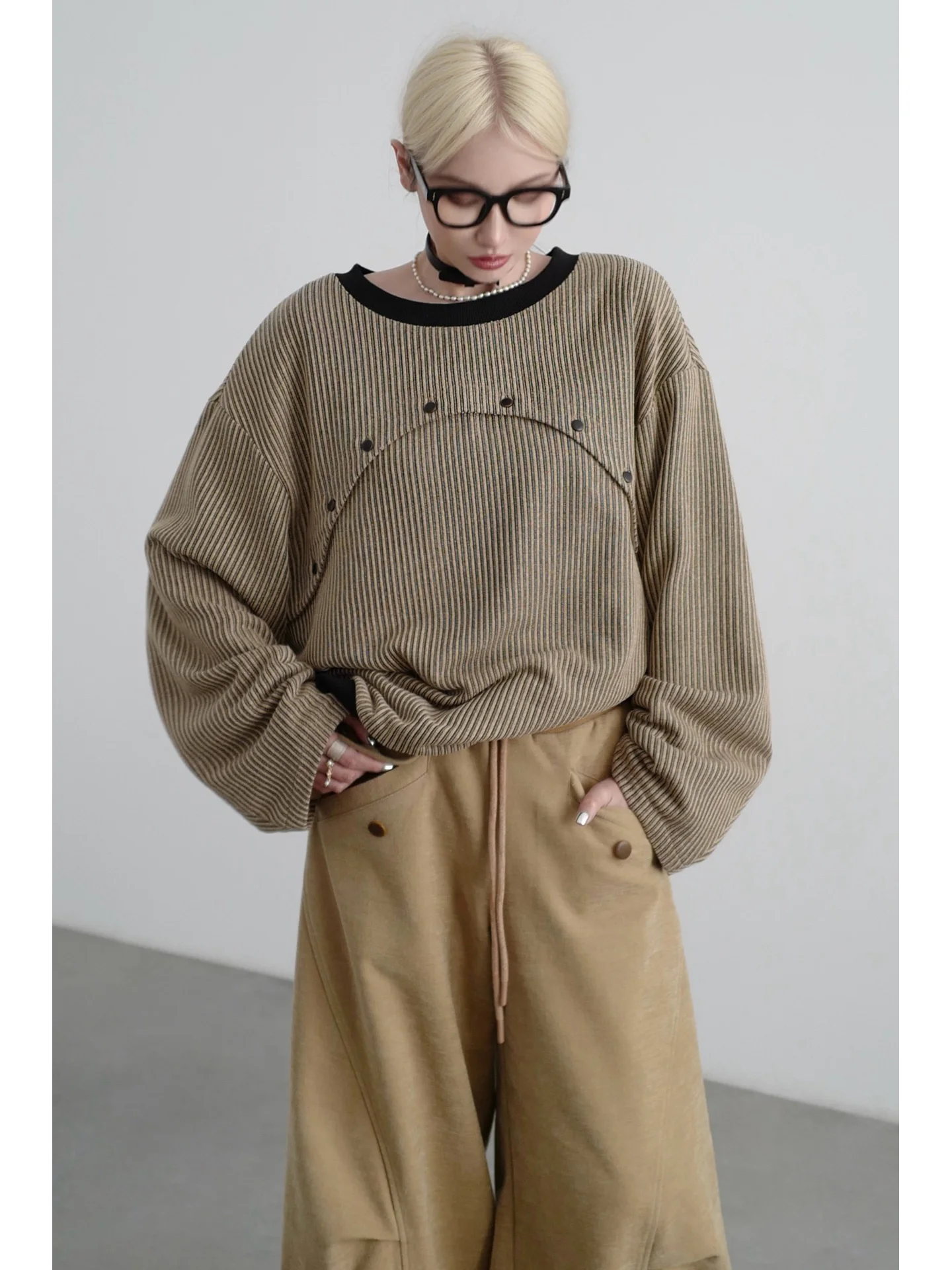 

Detachable Two-Way Wear Fce Lined Hoodie Sweatirt Casual Loose Fit Long Sve round Ne Stripe Pattern Women's T-irt