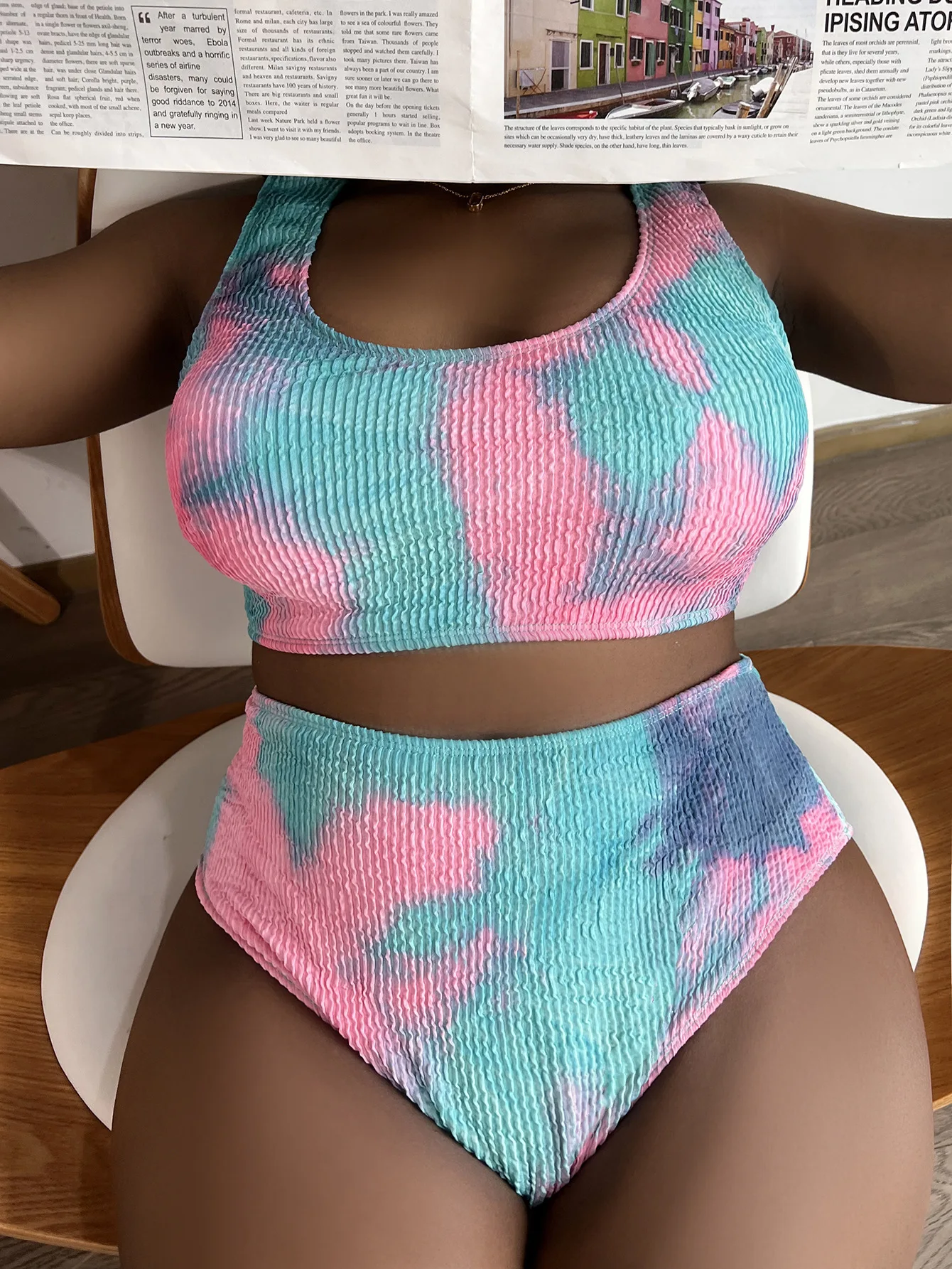 2024 Summer New Oversized 2-pieces Bikini Fat MM Tie Dyed Tank Top U-Neck Plus Size Sexy High Waist Bikini Swimsuit