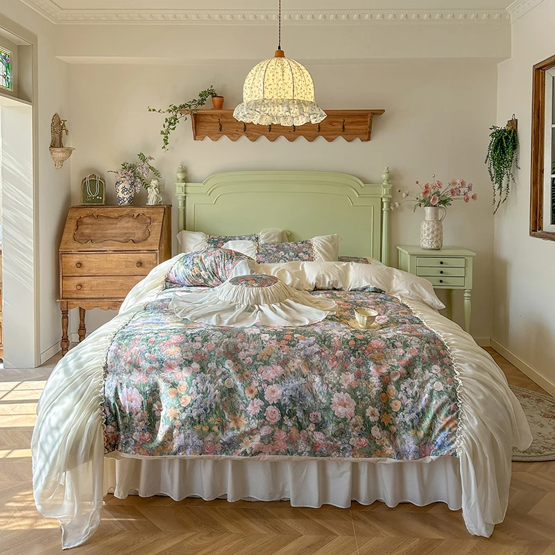 French Cottagecore Vintage Oil Painting Floral 100% Cotton Bedding Set Romantic Ruffles Duvet Cover Bed Skirt Pillowcases 4/5Pcs