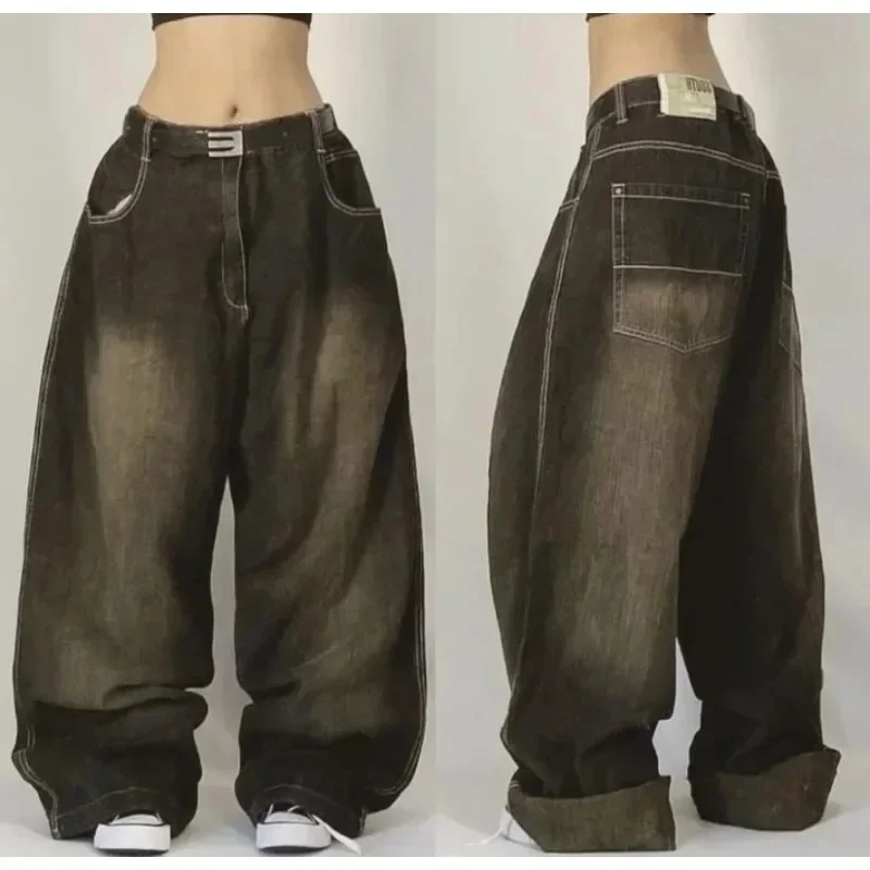 Baggy Jeans New Gothic High Waist Wide Leg Trousers Streetwear Y2K Cargo Pants Mens Harajuku Hip Hop Multi Pocket Retro Blue