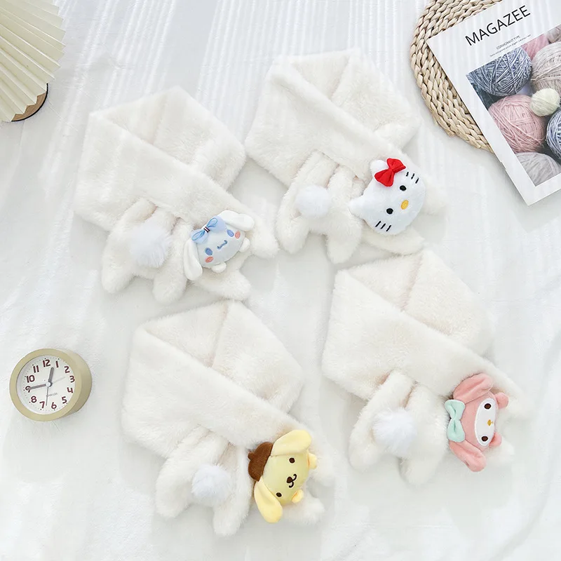 

Miniso Sanrio, милый шарф для девочек, плюшевый шарф с изображением панды, новый теплый японский универсальный шарф из искусственного кроличьего меха