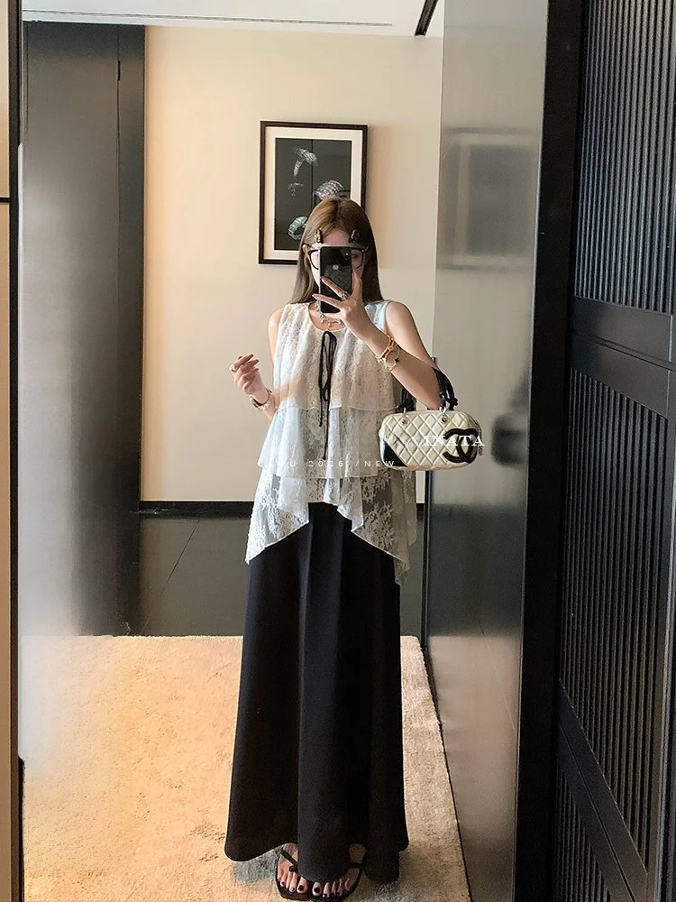 

Luu Tassel Sleeveless Lace Patchwork Silk Face Color Block Long Dress Women Spring Summer Loose A-Line Dress Design Sense Skirt