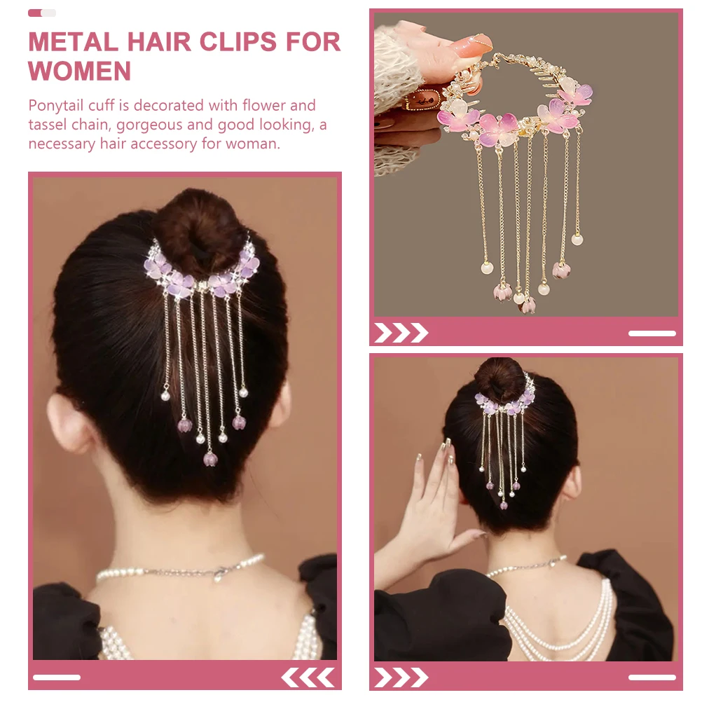 

Amethyst Flower Clip Ponytail Cuff Claw Buckle Tassel Bun Holder For Women Thick Thin Clips Hair Accessories Ponytail Hair Cuff