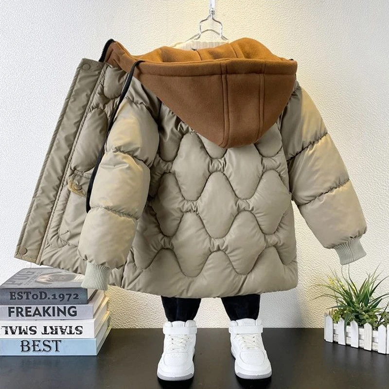 -30℃ Teen Boys Jacket Winter Patchwork Lambskin Waterproof Lining Plus Velvet Thick Warm Hooded Parka For 4-10Y Kids Cotton Coat