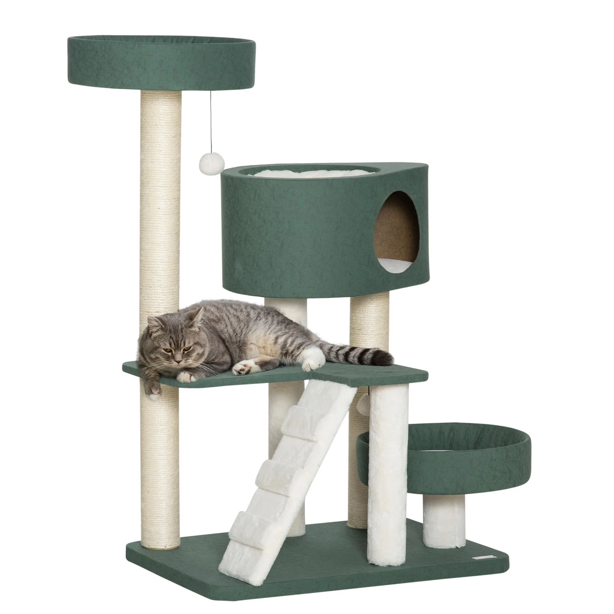 PawHut tree cat scraper height 114cm with 2 beds cave platform balls