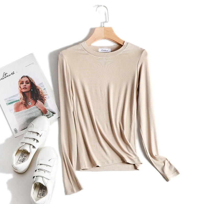 Bawełniana koszulka damska wysokiej jakości elastyczny, w stylu Basic solidna koszulki z długim rękawem damska koszulka na co dzień koreańska cienka O dekolt
