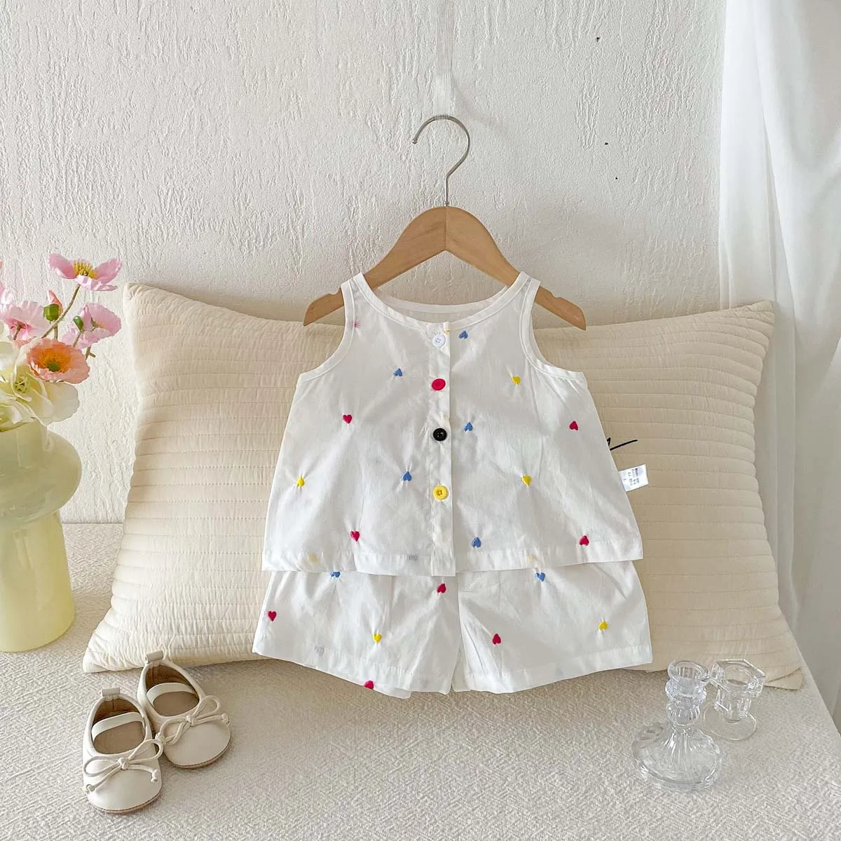 Summer New Product Love Embroidered Open Button Set Korean Edition Thin Baby Cool Tank Top Shorts Split Two Piece Set