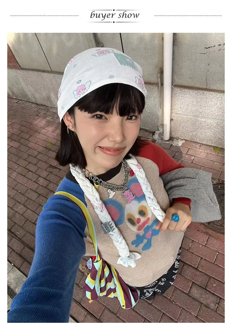 Karrram Japanische Y2k Gestrickte Tops Vintage Harajuku Graffiti Print Langarm T-shirt 2000er Jahre Ästhetik Gerippte Patchwork Tops 90er Jahre – Detail 2