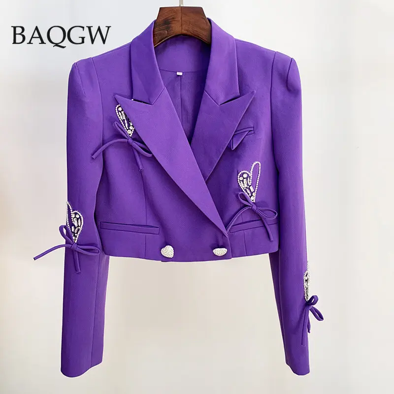 Women\'s Love Heart Diamonds Buttons Patchwork Crop Blazer +Skirt Luxury Matching Suit Casual Designer RHinestoned Two Piece Sets