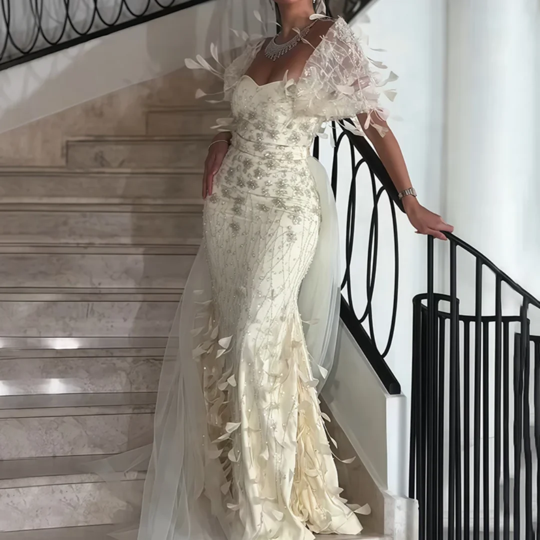 

Роскошные вечерние платья в Саудовской Аравии с короткими рукавами из бисера Вечернее платье для выпускного вечера с перьями по индивидуальному заказу