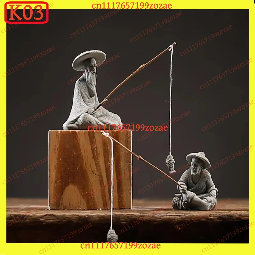 k03 Mini Fisherman Statue Asian Zen Sitting Fishing Figurine Sandstone Ornament for Aquarium Fish Tank Garden, Replacement Parts