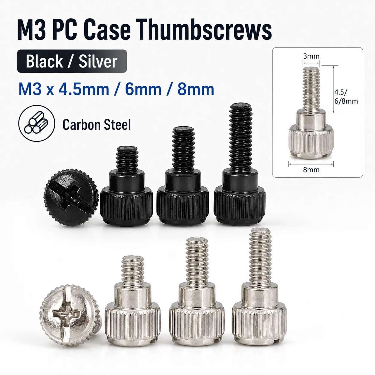 10-100Pcs M3 Black/Silver Carbon Steel Thumb Screws, Slotted Phillips Head Hand Tighten PC Computer Case Cover Bolts