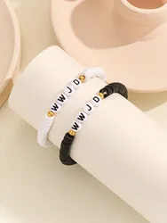 2pcs/Set Colorful Black And White Soft Clay Beads Wwjd Letters Ladies And Girls Bracelets