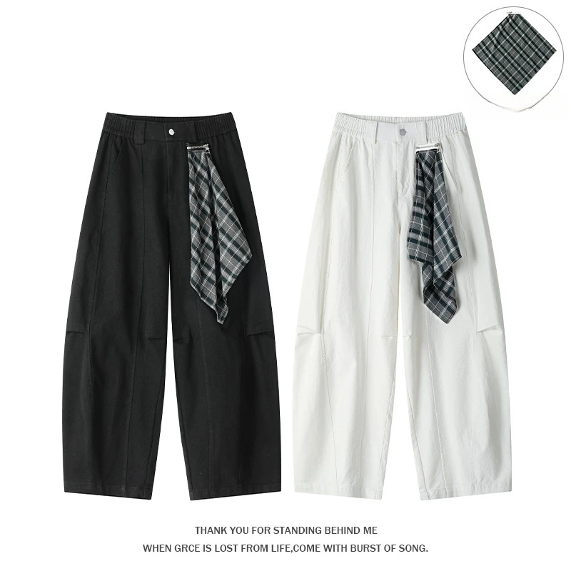 

Мужские брюки в стиле стритвир с отстегивающимся шарфом в клетку, декоративной молнией, свободного кроя, широкие штанины, повседневные