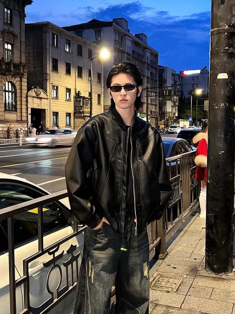 

Кожаный джет с воротником-стойкой в американском стиле, мужской осенний топ высокого класса, крутой или бейсбольный джет