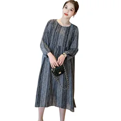 Spring Maternity Chiffon Lactation Dress Vintage O-Neck Pregnant Women Nursing Dress with Long Sleeves Breastfeeding Dress Loose