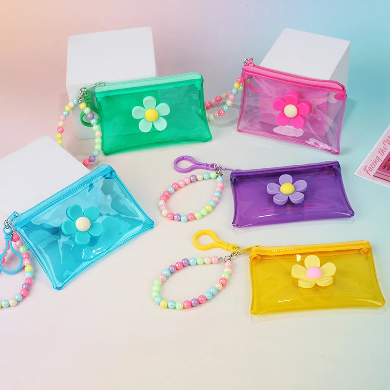 Candy Color Flowers Butterfly Coin Purse Clear PVC Waterproof Zipper Wallet Keychain Portable Card Bag Storage Bags Student Gift