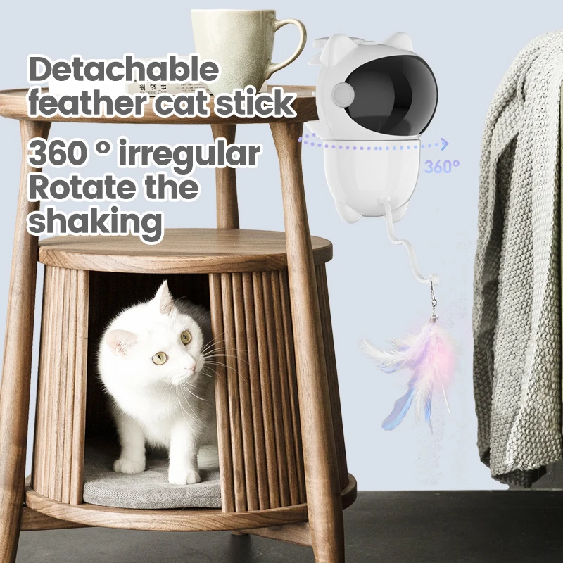 Automatic Cat Toy with Feather & Bell, 360° Random Rotation, Laser Interactive, 2 Speed Modes, 1800mAh USB Rechargeable, 14H Bat