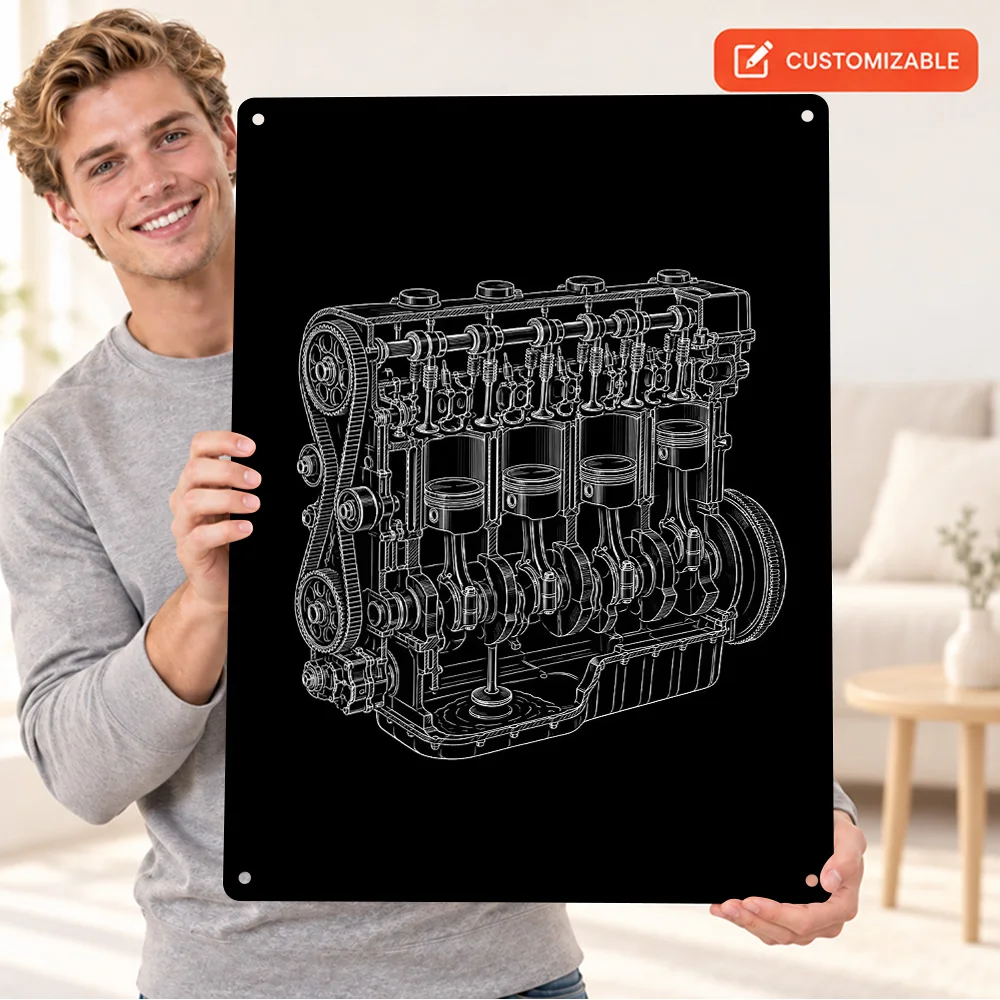 Internal Combustion Engine Diagram Aluminum Poster Personalized Metal Sign Line Drawing Style Wall Art For Garage Mechanic Gift