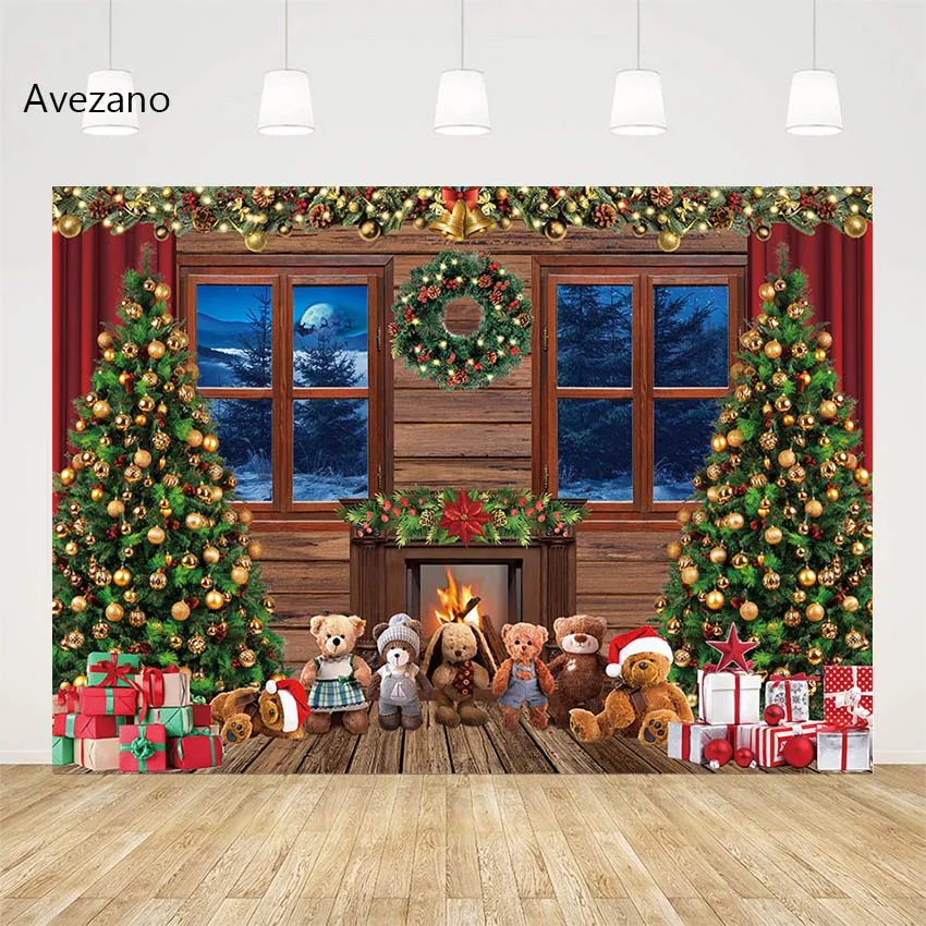 

Avezano Christmas Decorations Backdrop Window Fireplace Toy Bear Baby Kids Holiday Portrait Photography Background Photo Studio