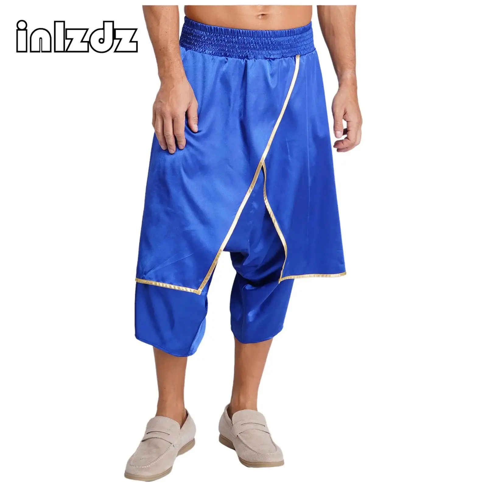

Men Halloween Arab Hippie Harem Cosplay Costume Irregular Overlay with Metallic Trim Loose Lantern Pant Satiny India Dhoti Pants