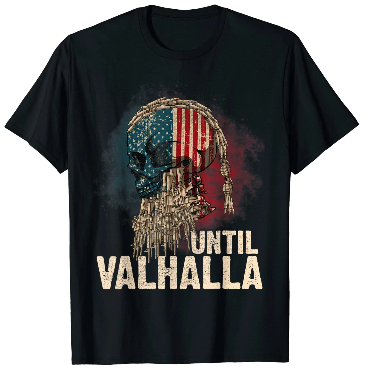 Until Valhalla Vintage America Flag Vi king Warriors Skull T-Shirt. Premium Cotton Short Sleeve O-Neck Mens T Shirt New S-3XL