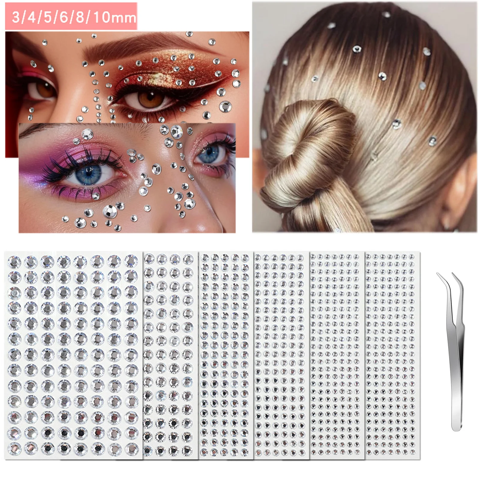 6 Sheets Clear Self Adhesive Stickers with Tweezers Hair Gems Prom Hair Accessories Jewels Bling Rhinestone Makeup Face Jewels