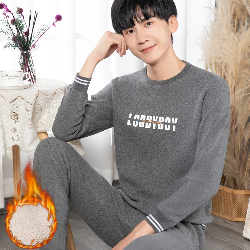 メンズフリース裏地付き厚手暖かい下着セット羊皮ベルベットティーンエイジャー中学生と高校生冬用ベースレイヤー服