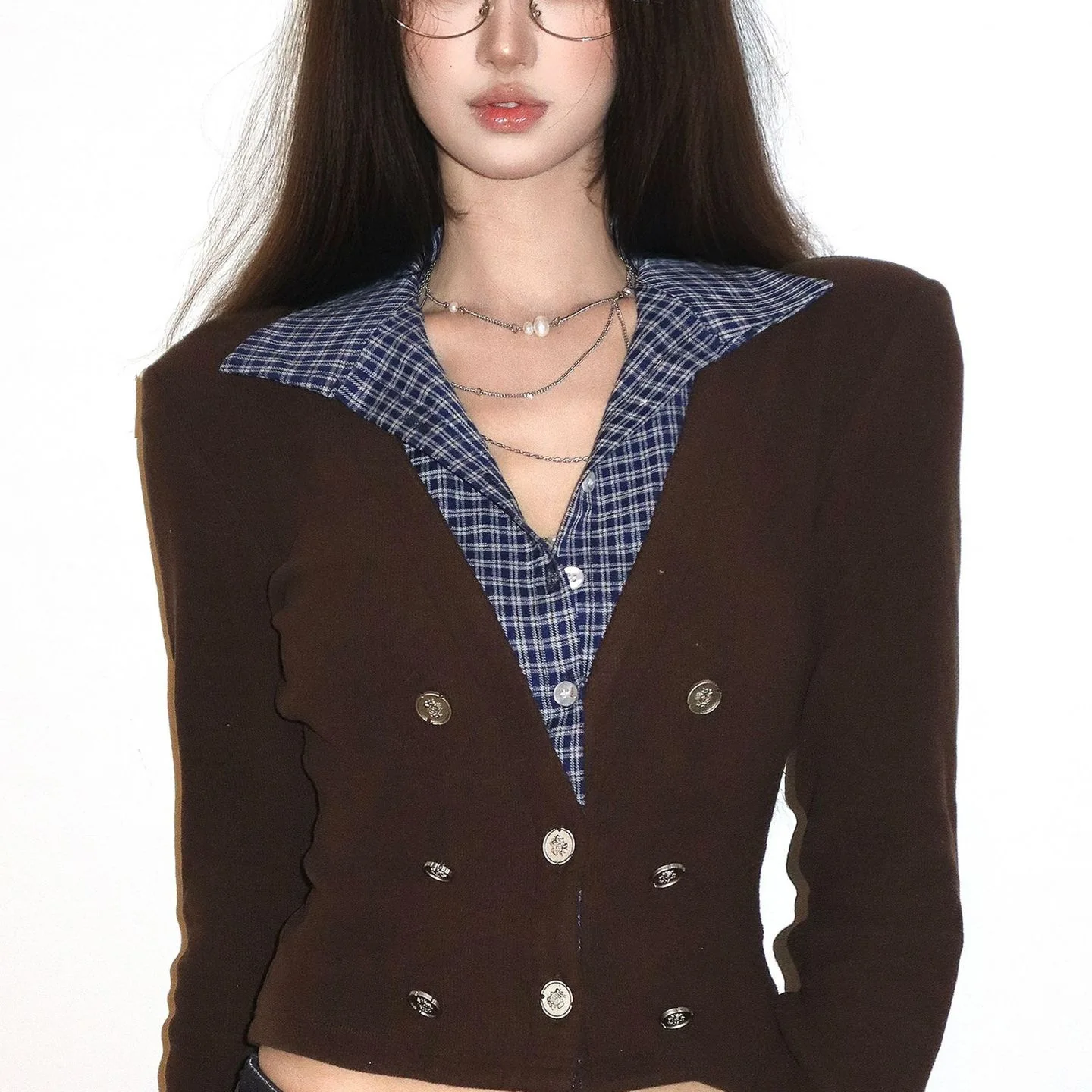 

Women Fake Two Piece Shirts 2025 New Office Chic Top High Quality Knitting Patchwork Shirt Knit Paneled Women's Work Blouse