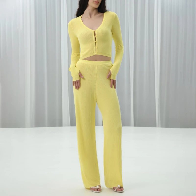 

TARUXY Casual Knitted Long-Sleeved Suit Women's Fashion Sexy Slim Solid Pants 2-Piece Set 2025 Autumn Female Commuting Clothing