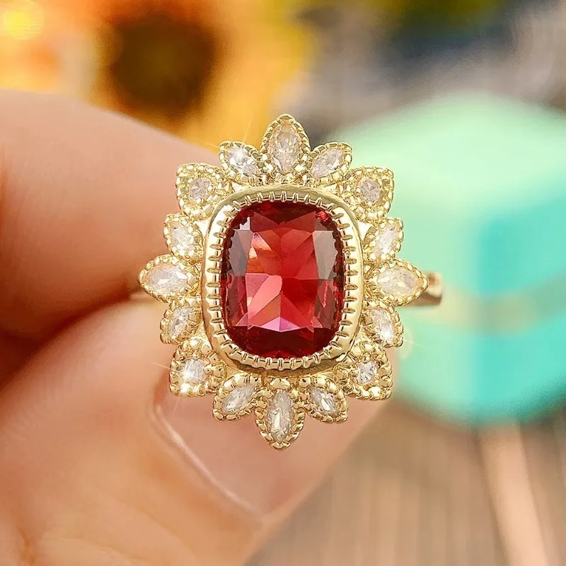 

New Handmade Ins Style Creative Flower Ring Female Inlaid Red Cubic Zircon finger Daily Commuting Accessories
